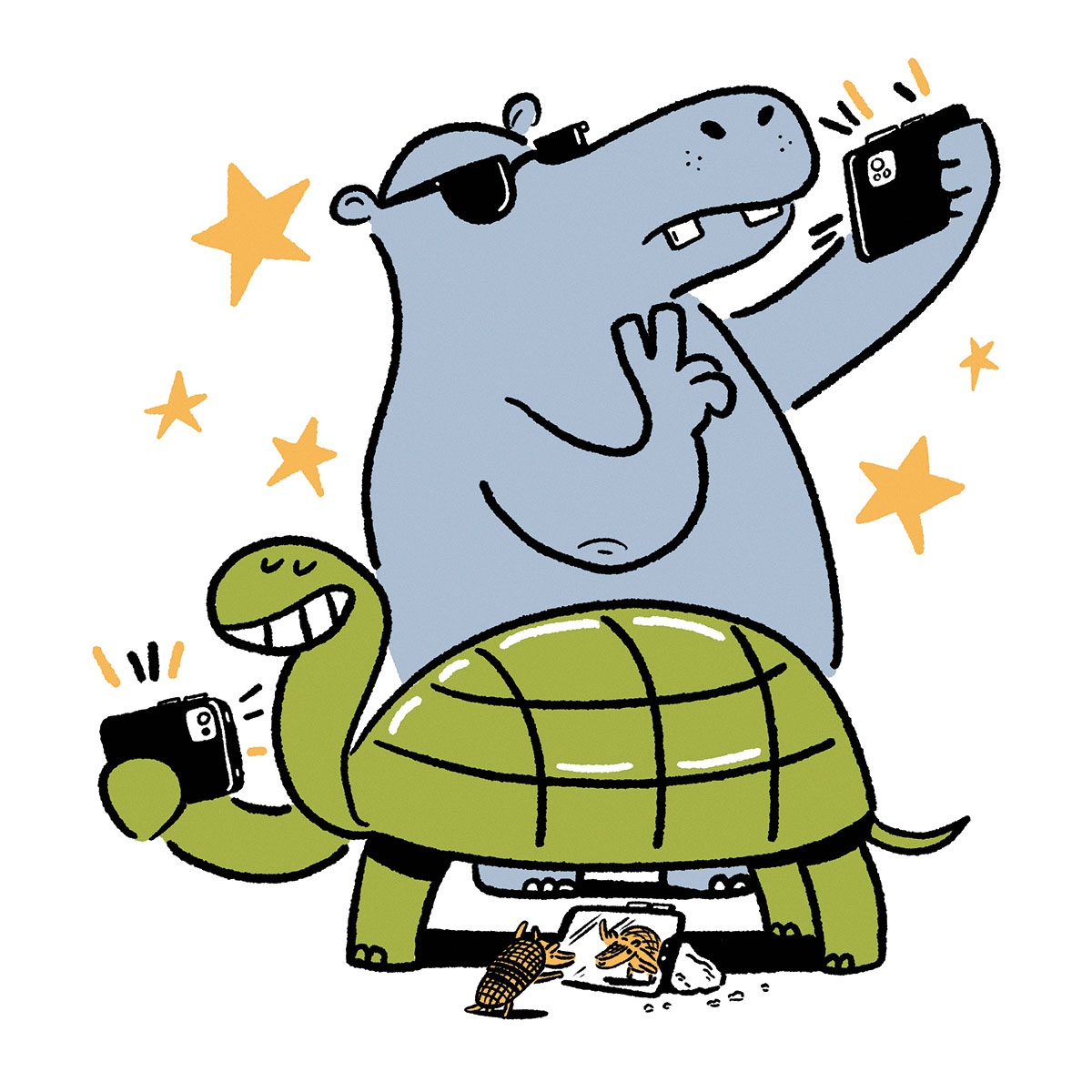 Illustration of a hippo and a turtle taking selfies