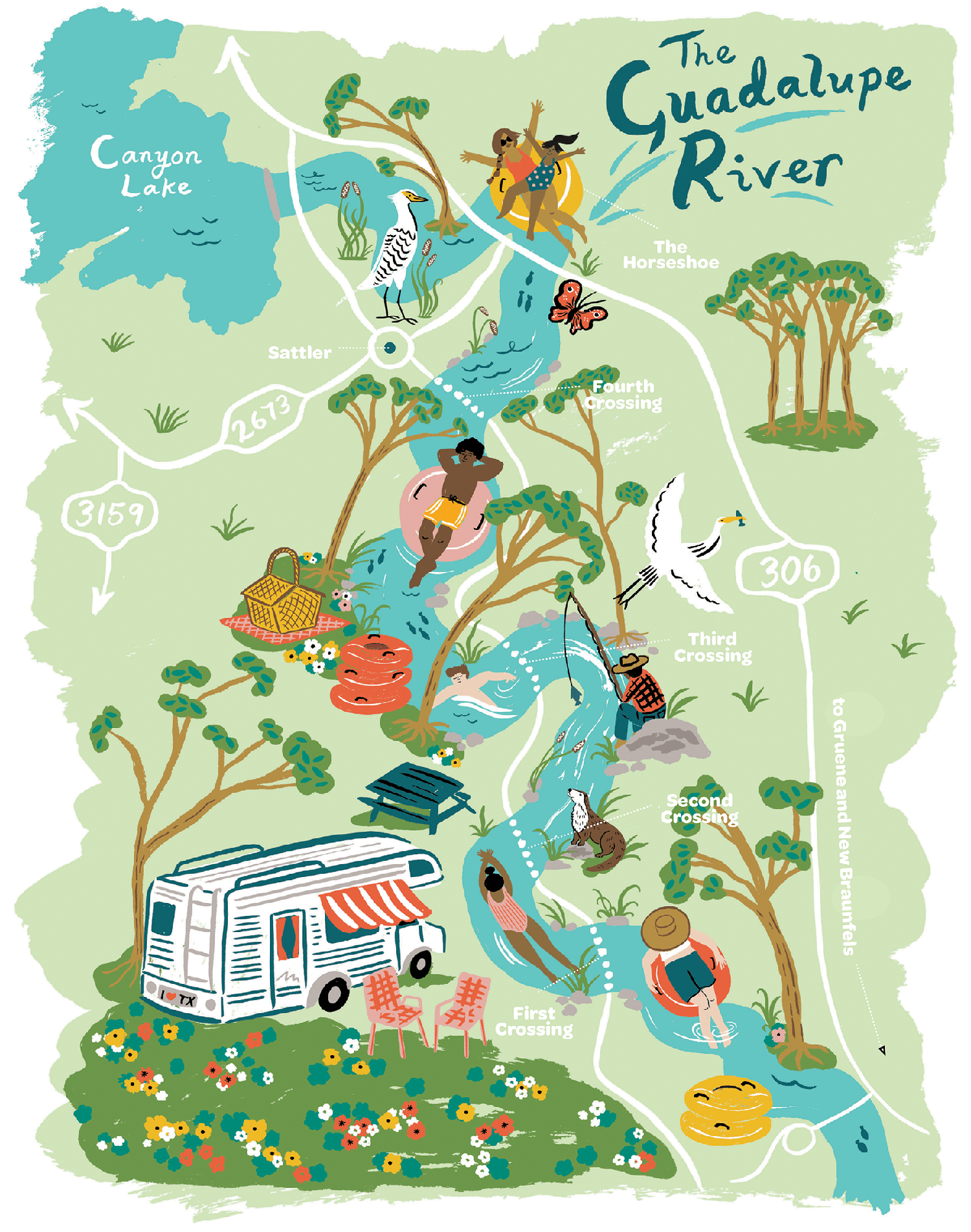An illustrated map showing the various points and attractions along the Guadalupe River mentioned in this article