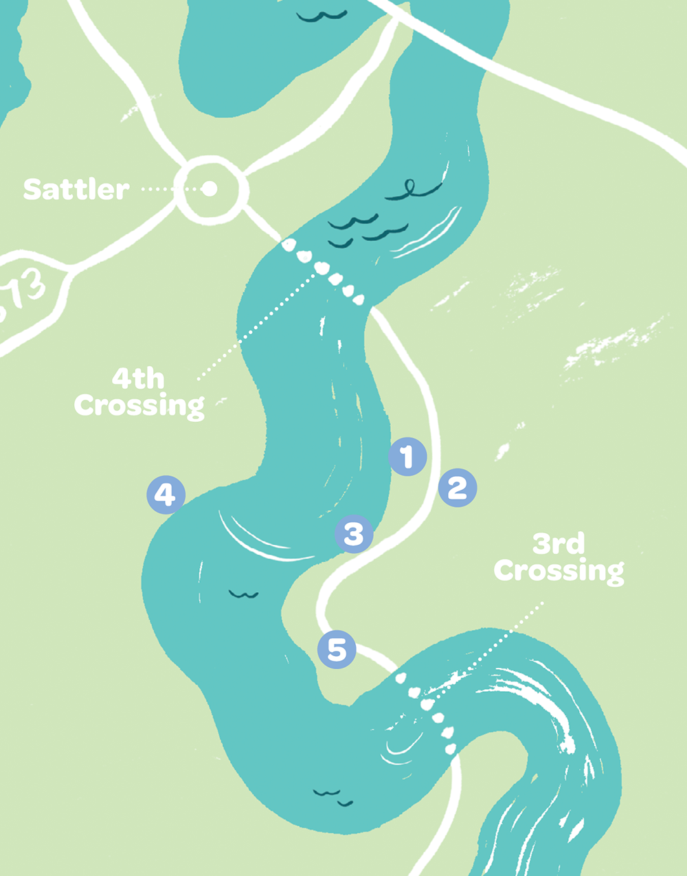 A map of this section of the Guadalupe River, with pinpoints identifying the items below