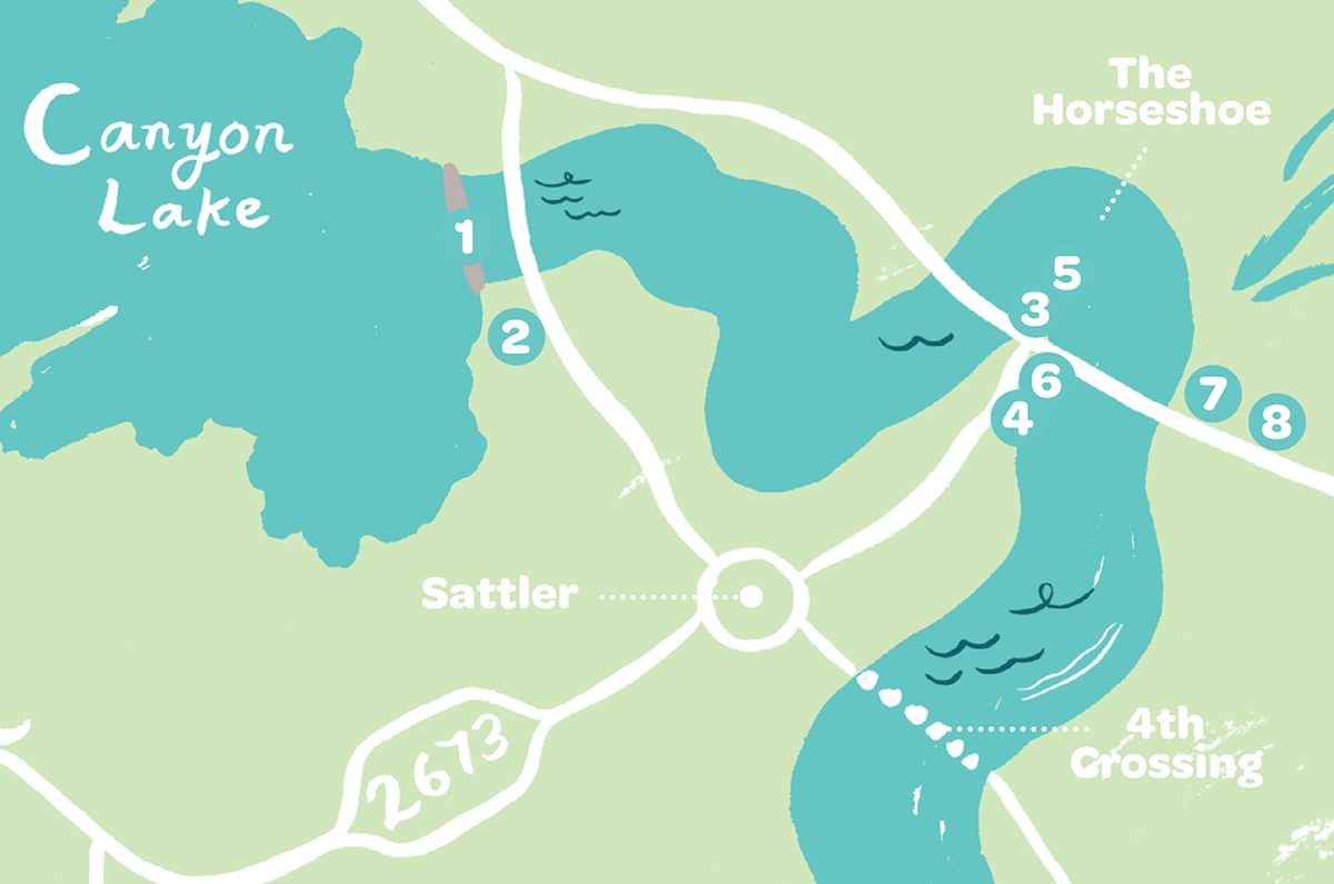 A map of a section of the Guadalupe River, with numbers corresponding to the text that follows