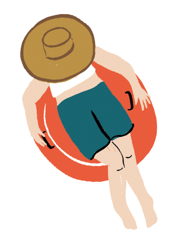 an illustration of a person in a hat floating in a red tube