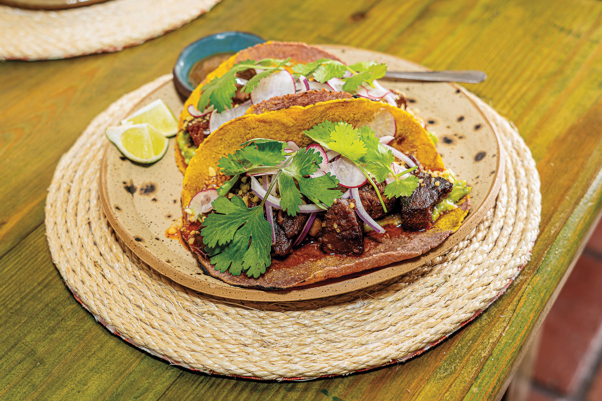 Two soft tacos are on a plate, filled with dark meat and green cilantro.