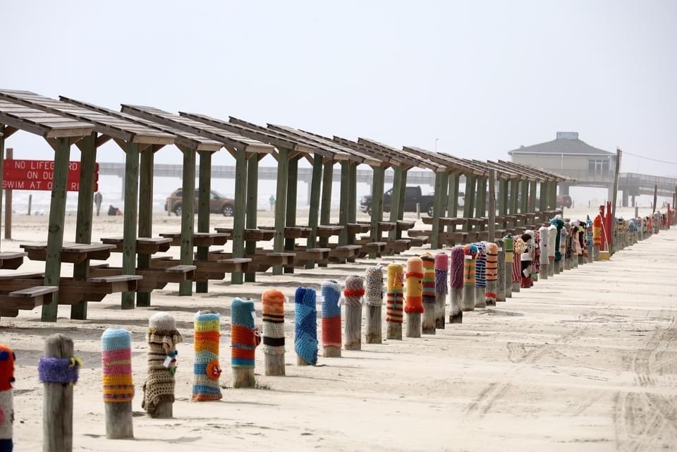 A line of Bollard Buddies on the shore of Port Aransas.