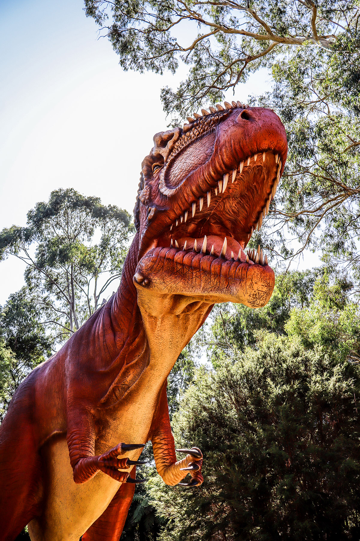 an orange t. rex with a yellow stomach has it's mouth wide open, baring it's teeth