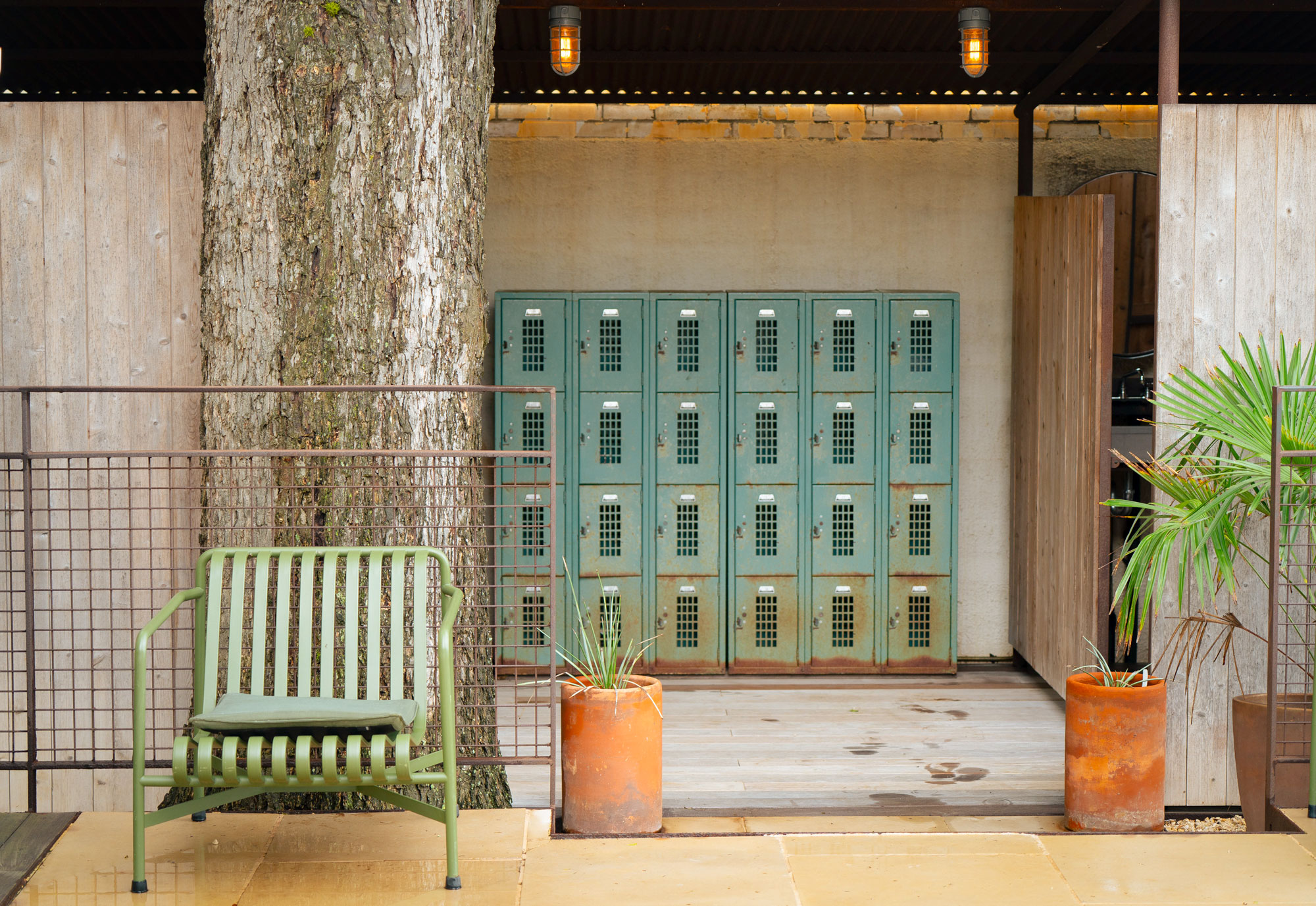 A green, metal outside chair stands in front of a tree trunk and a set of teal metal lockers in a corridor.