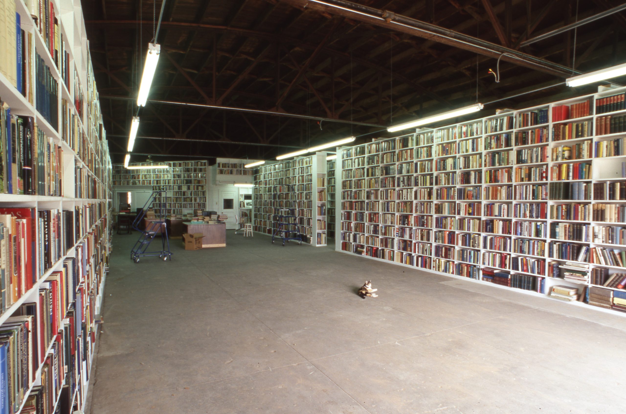 Bookshelves filled with books line the walls of a grey storage room
