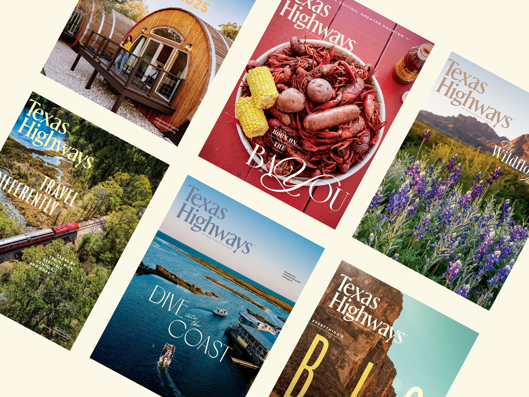 Six magazine covers with images of flowers, water, food, and more.