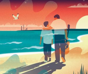 An illustration of a person holding an acoustic guitar with their arm around a smaller person on a beach