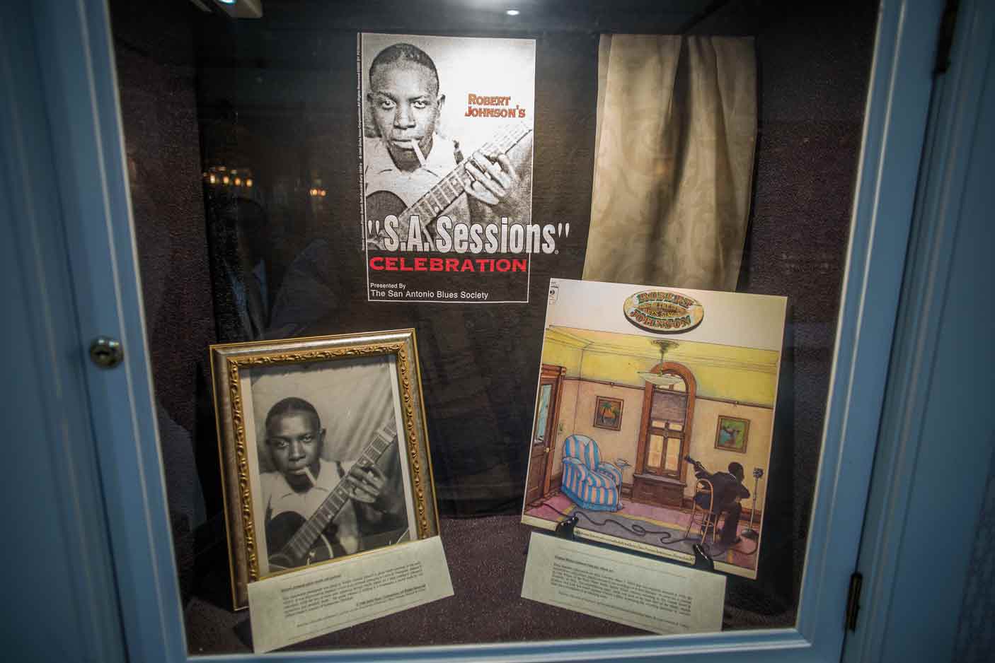 Two pictures and one illustration of blues musician Robert Johnson playing a guitar