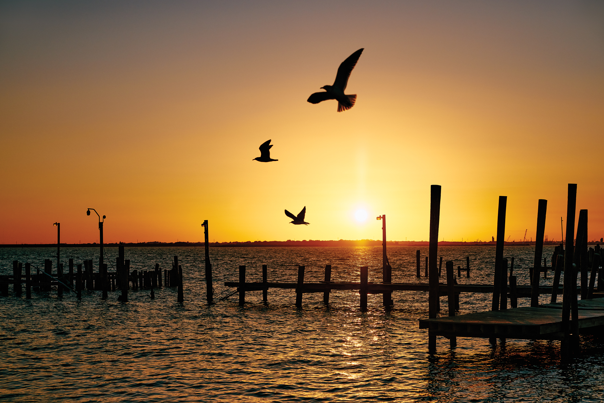 Birds fly over the ocean and rubble from a pier at sunset