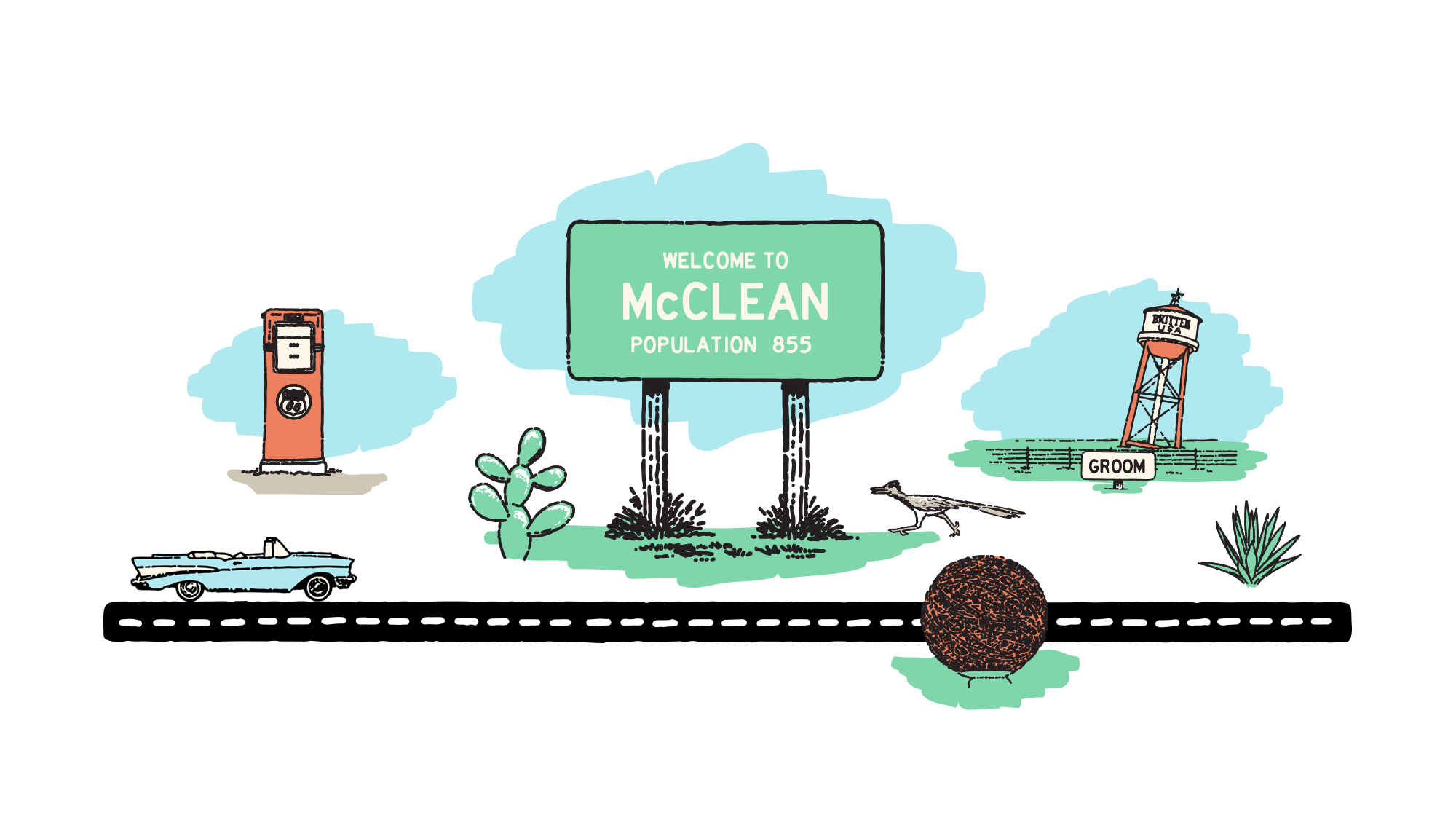 A collage of illustrations featuring a fuel pump, a water tower, a retro car, a roadrunner, and a sign that reads "Welcome to McClean."