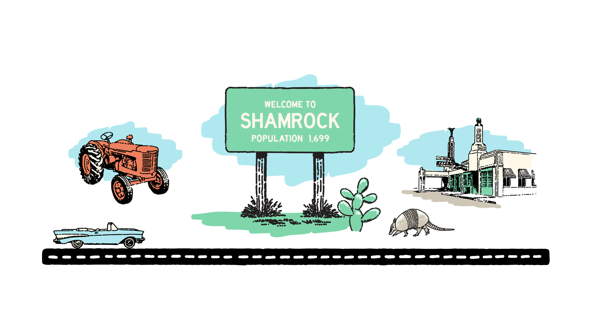 A collage of illustrations featuring a tractor, a gas station, a retro car, and a sign that reads "Welcome to Shamrock."