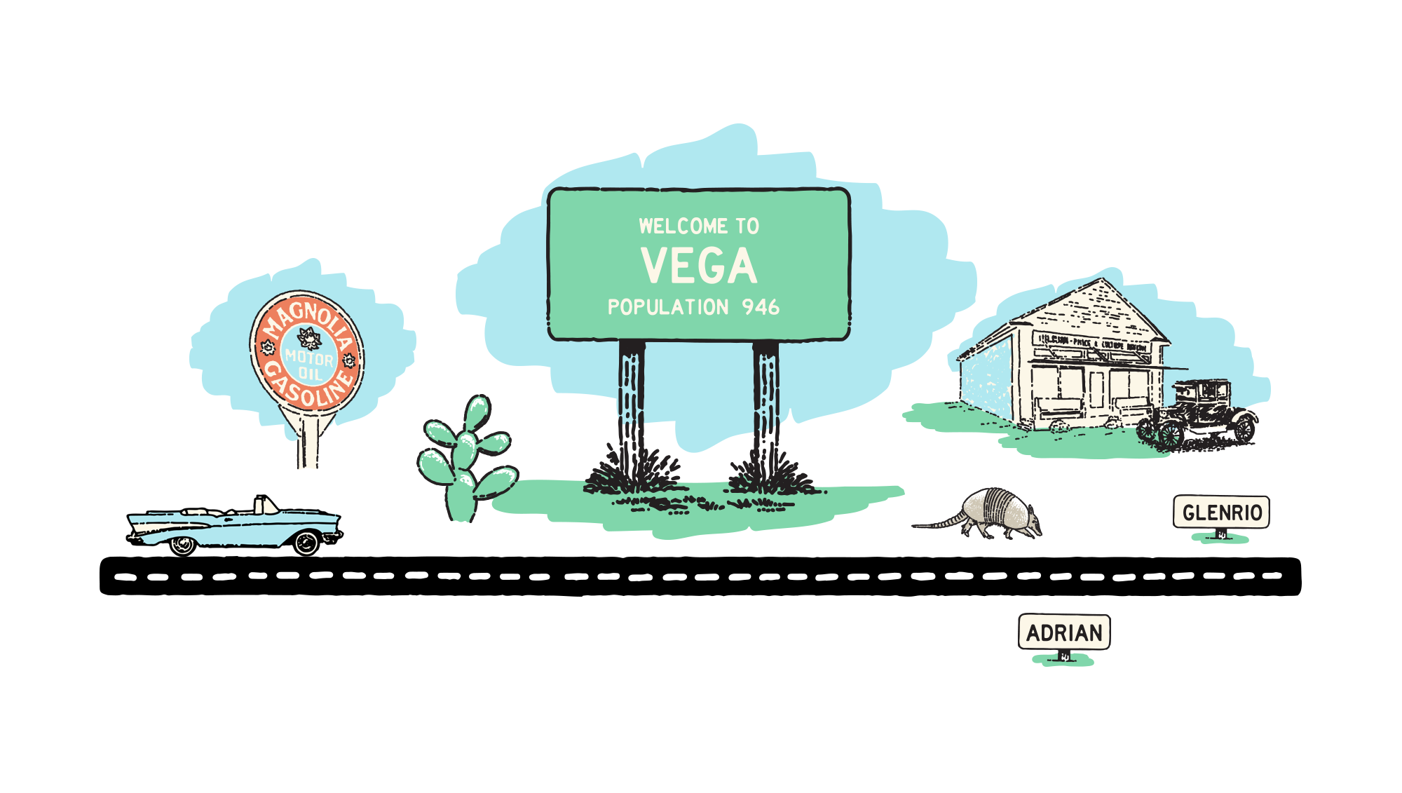 An illustration of a sign that reads "Welcome to Vega"
