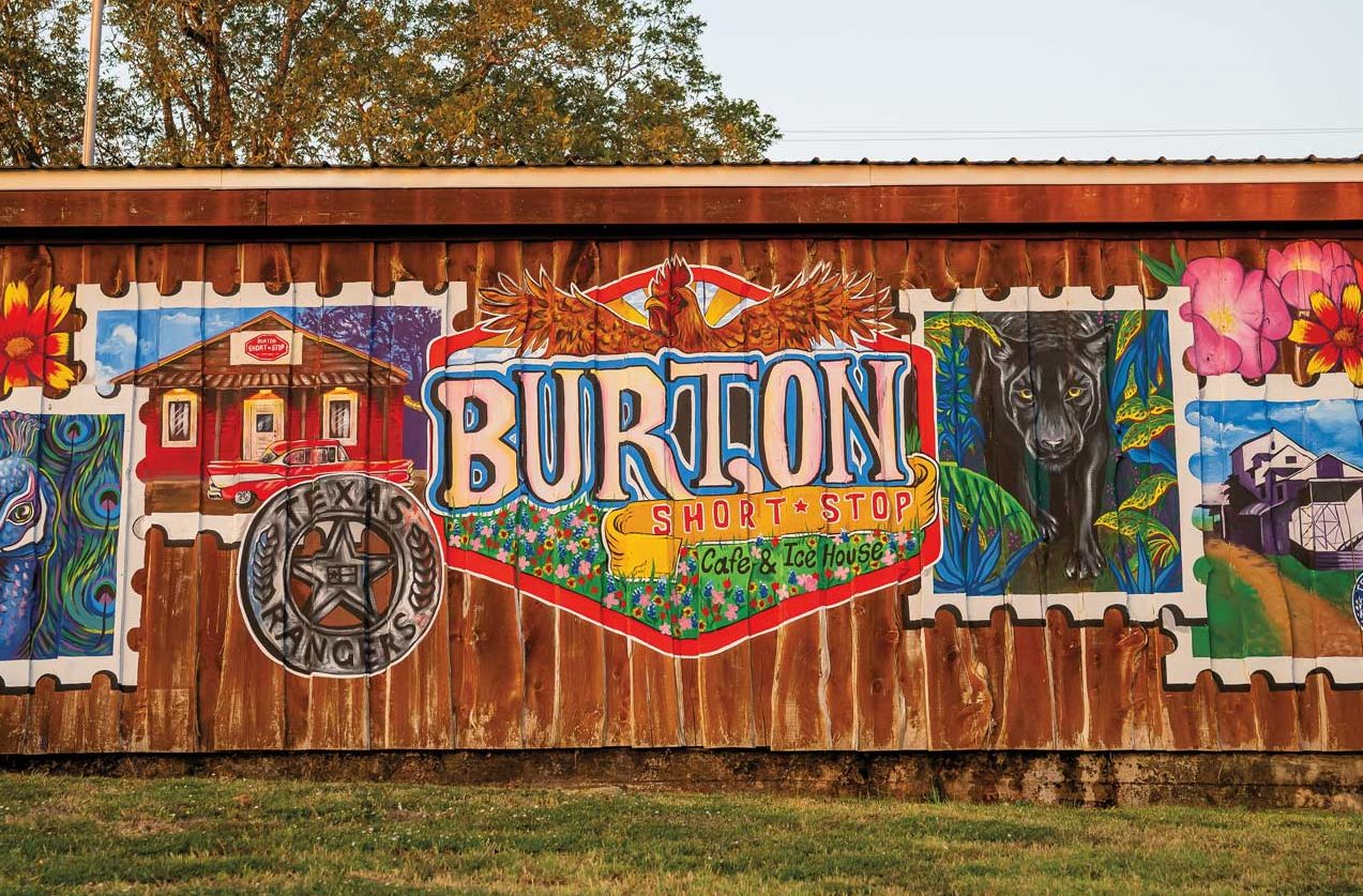 A colorful mural with flowers, a peacock, a rooser, and more images with an American flag on a flagpole above