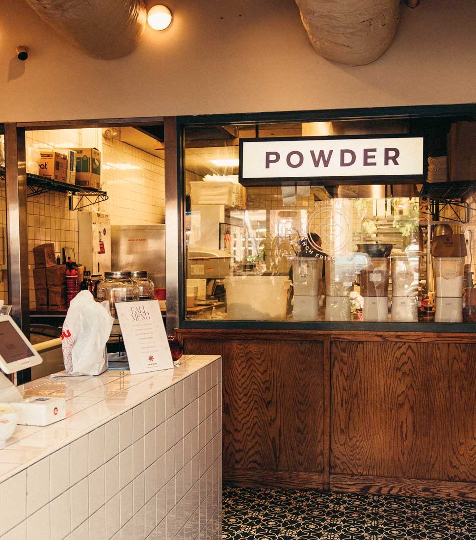 The word Powder printed near a countertop