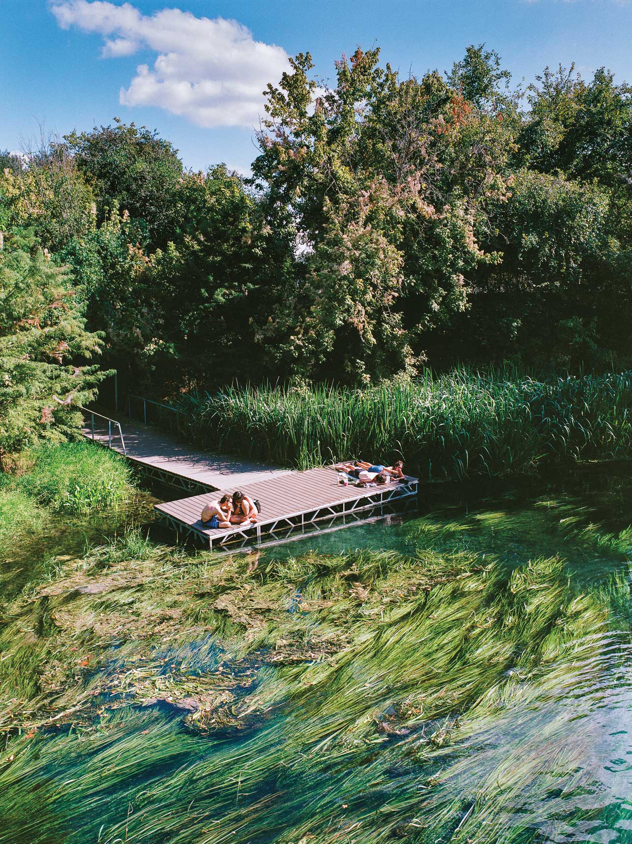 People lay out on a dock surrounded by a lush river