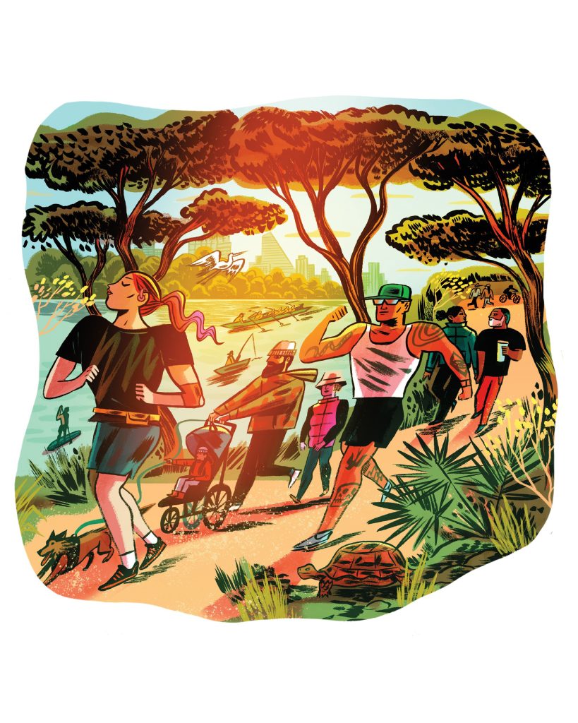 An illustration of people running on a trail with trees above