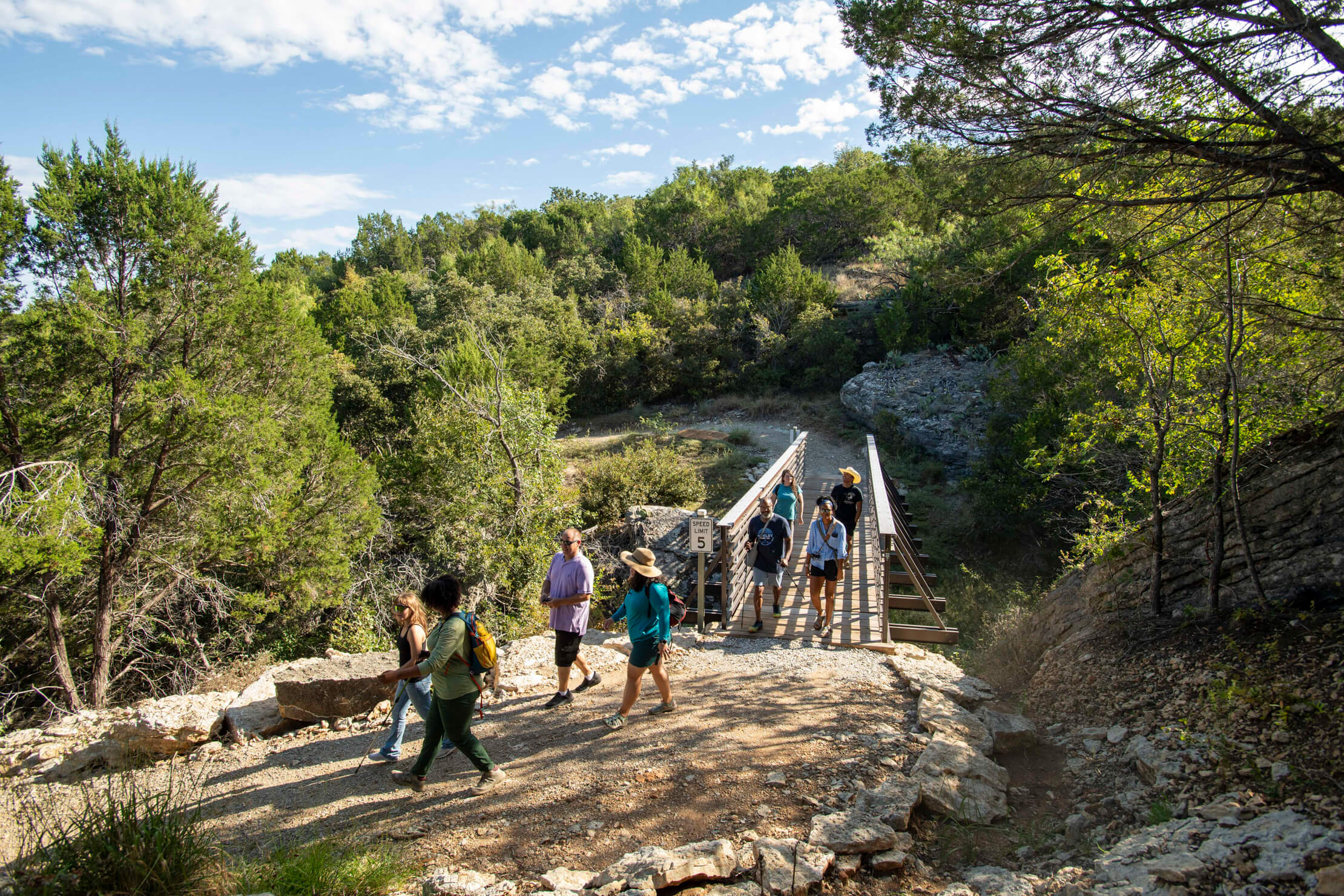 Several hikers walk over a bridge surrounded by greenery under a blue sky
