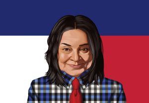 An illustration of a woman with dark, shoulder-length hair, wearing a checkered button-down shirt and a red tie.