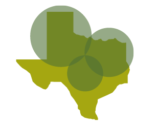 A map of Texas with green circles around the Panhandle, central, and northern parts of the state