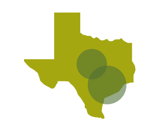 A map of Texas with two medium green circles around central and southeastern parts of the state