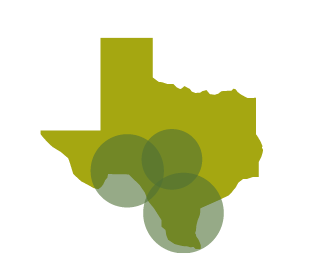 A map of Texas with green circles around the south and southwestern parts of the state