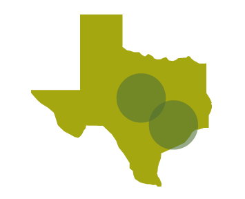 A map of Texas with two medium green circles around central and southeastern parts of the state