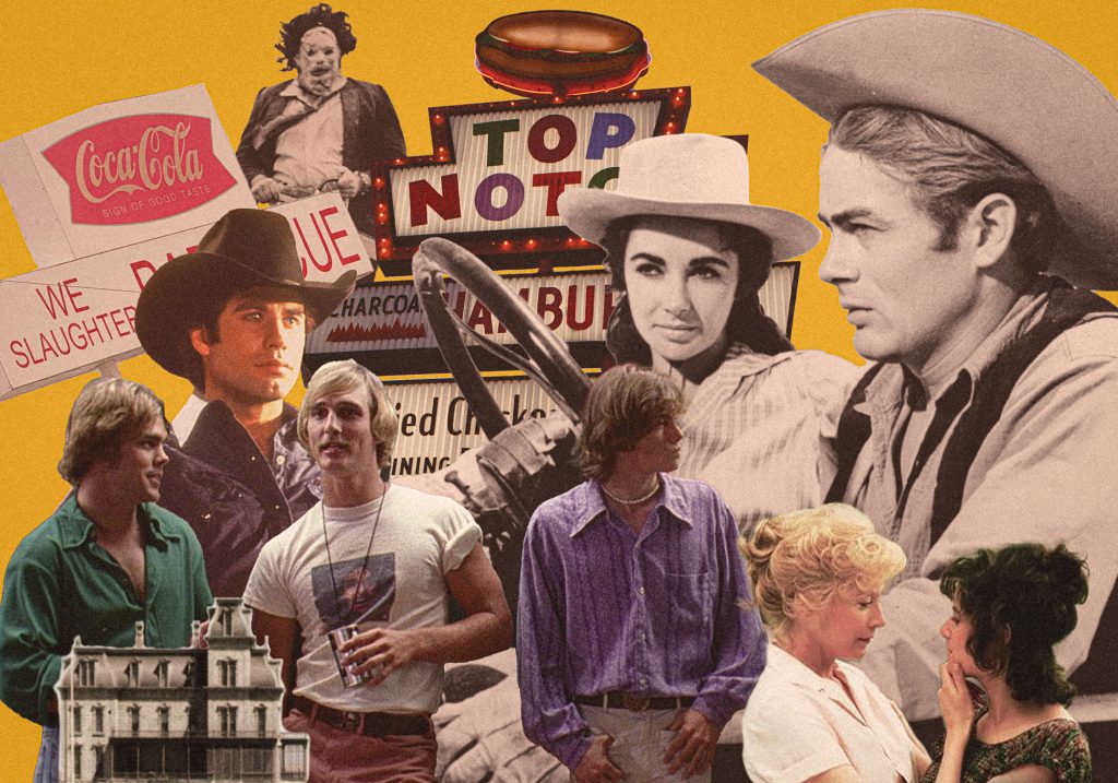 A collage of Texas movie scenes including Leatherface, John Travolta, Matthew McConaughey, James Dean, and more, plus the iconic Top Notch hamburgers sign