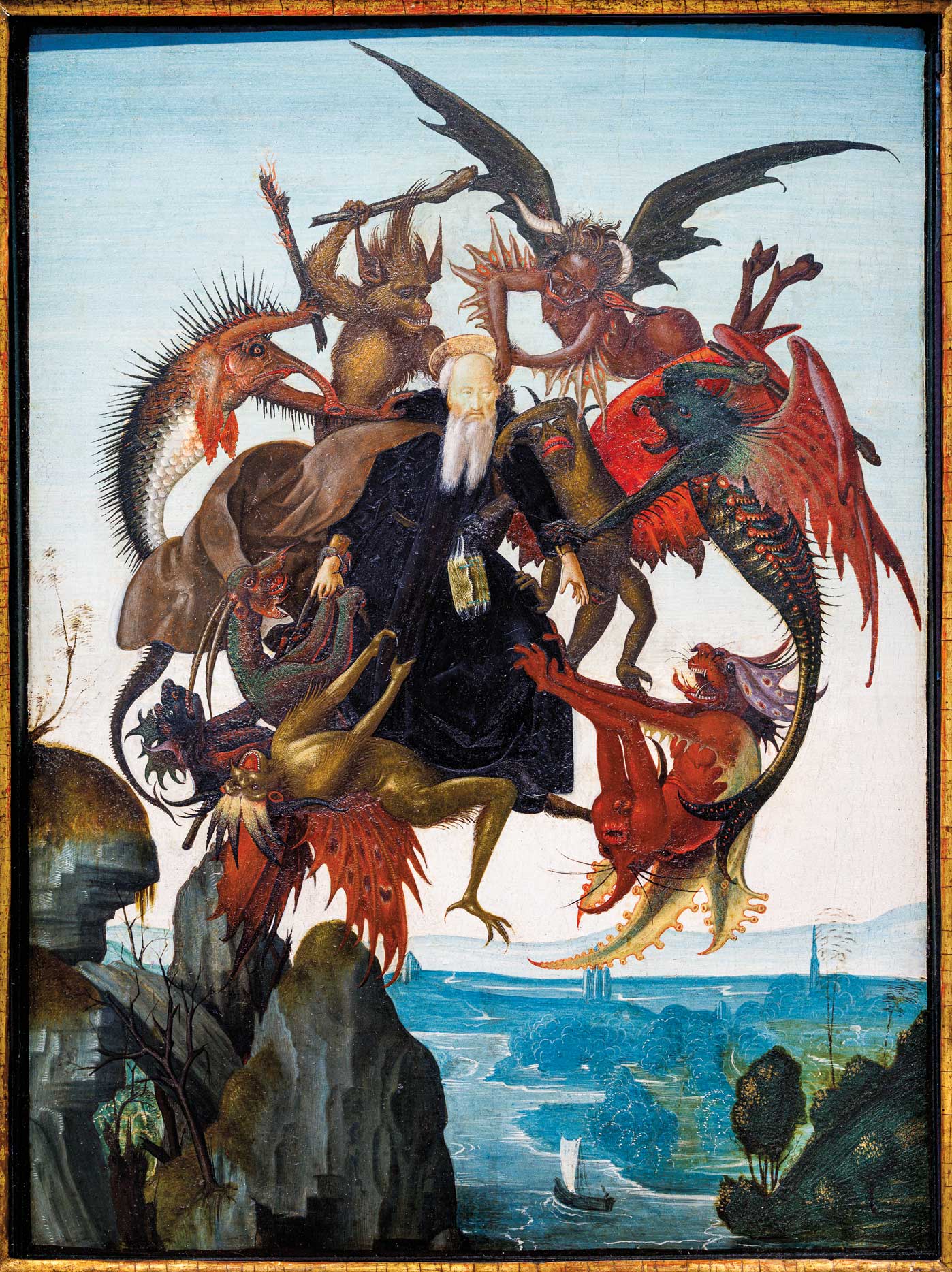 A painting of Saint Anthony with many different colored demons pulling on his clothing.
