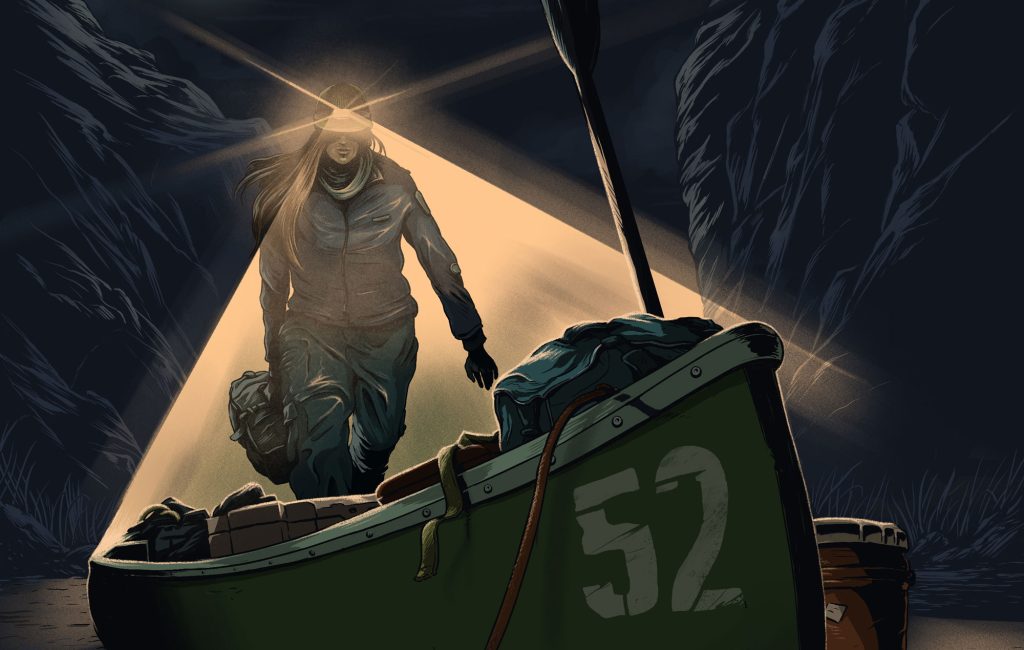 An illustration of a nighttime scene, with a woman wearing a headlamp approaching a green canoe with the number 52 printed on the side in white between two mountains