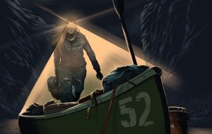 An illustration of a nighttime scene, with a woman wearing a headlamp approaching a green canoe with the number 52 printed on the side in white between two mountains