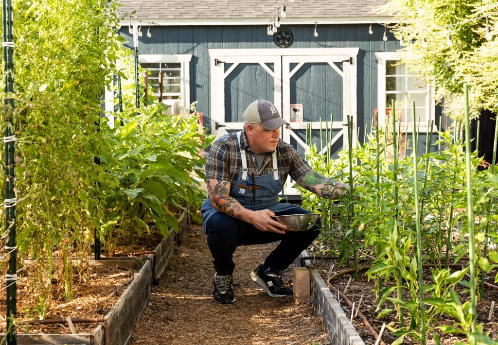 A man in blue overalls and a Detroit Tigers trucker cap squats in a garden while holding a metal bowl