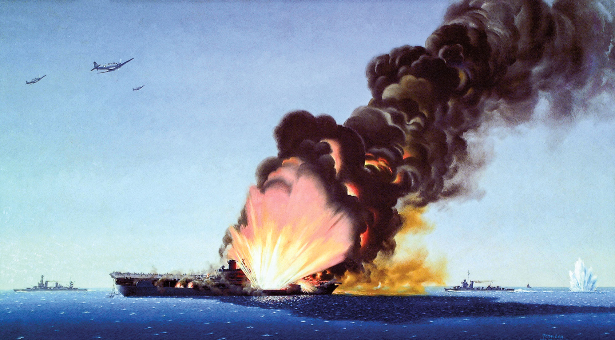 A painting of a warship being blown up, with flames and smoke emanating to the sky