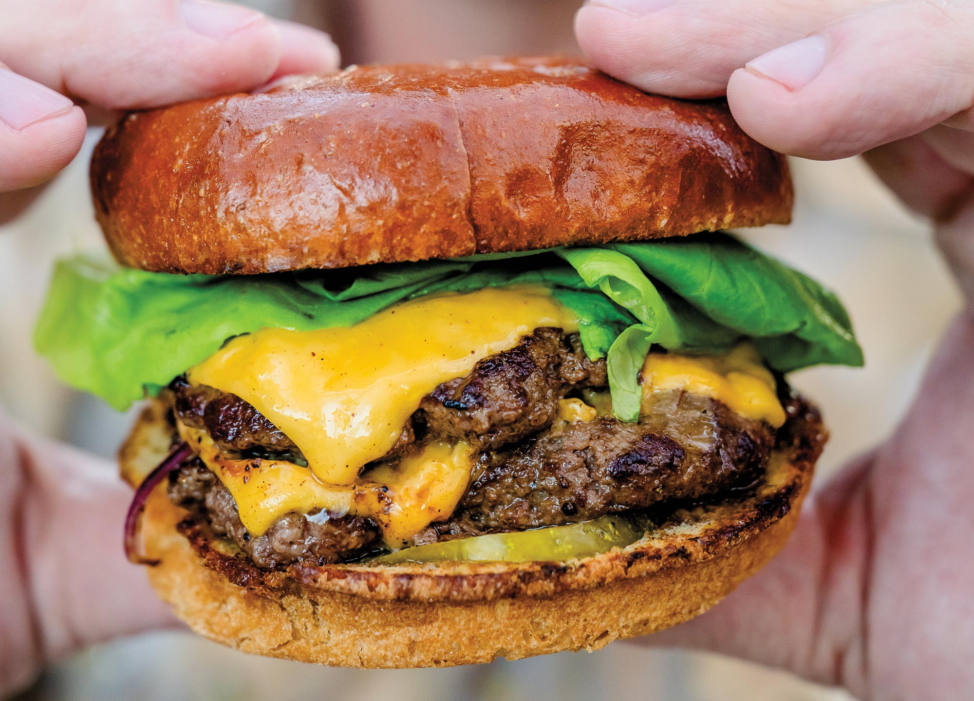 A double cheeseburger with lettuce and pickles on a bun
