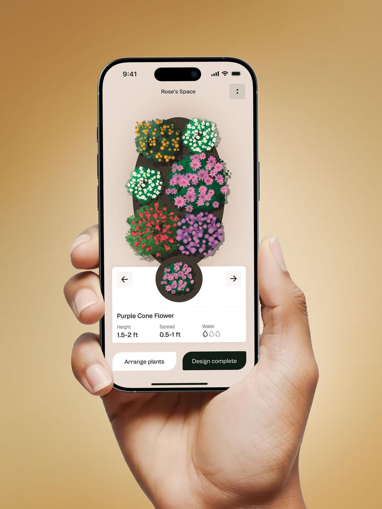 A photo mockup of a hand holding a phone with a screen featuring a flower app