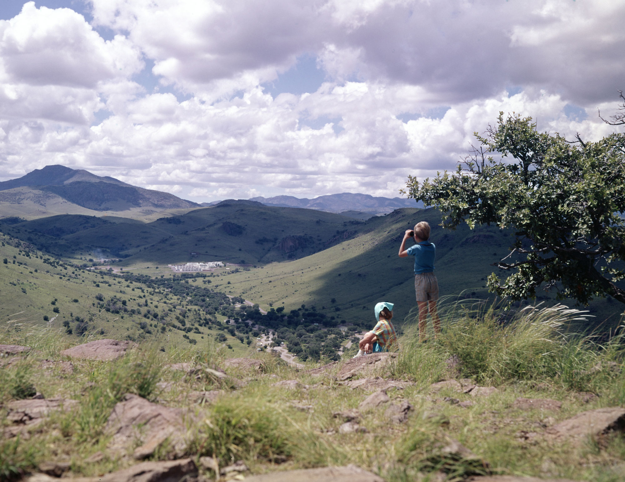 A young boy and girl pier over a scenic mountainous overlook with binoculars