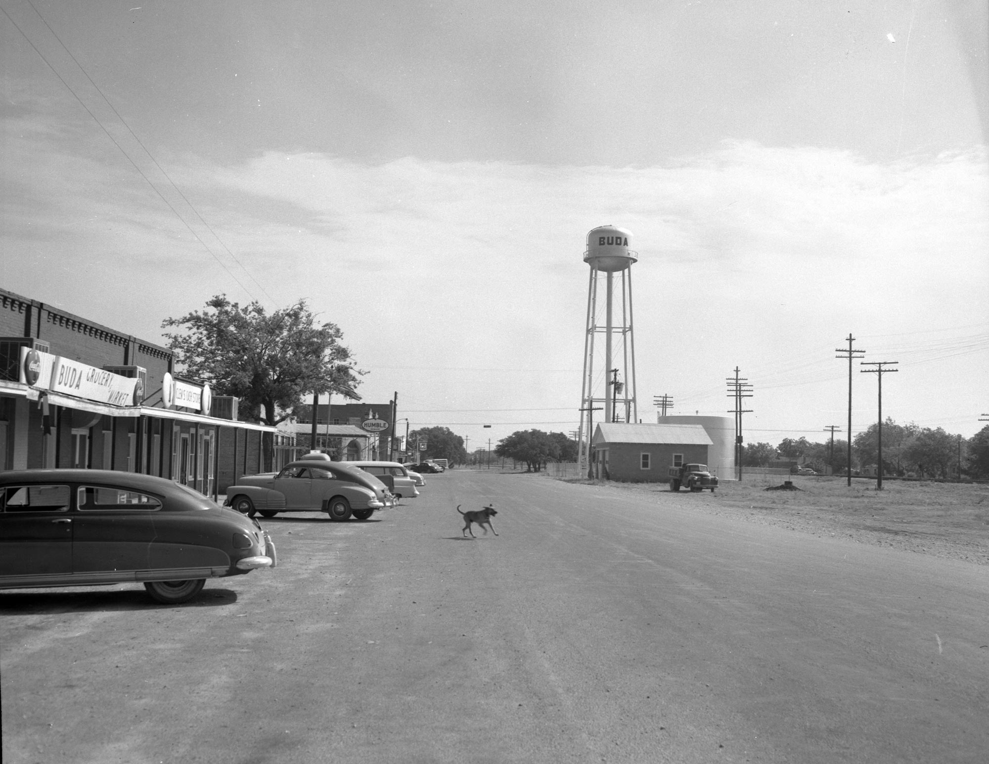 A black-and-white photo of a small town main street with 1950s cars parked on one side, a dog in the middle of the street, and a large water tower with the word BUDA painted on it