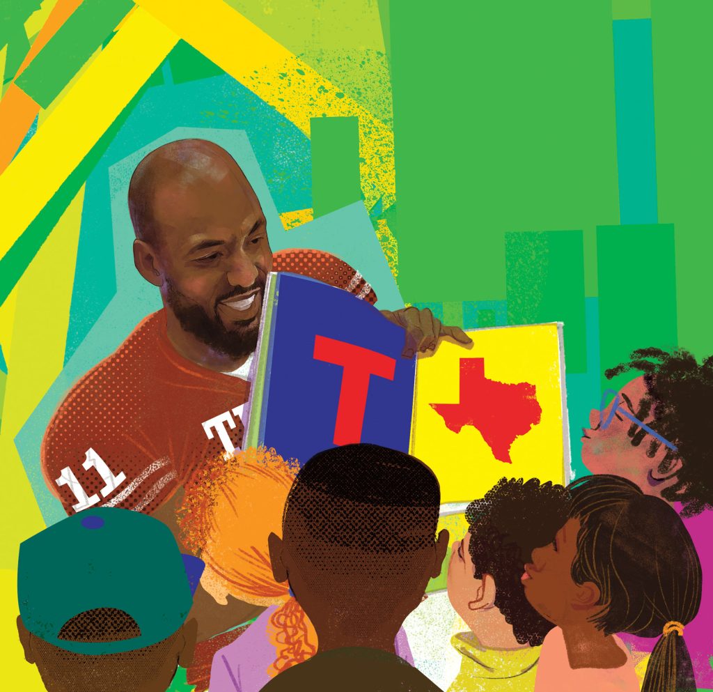A colorful illustration of a man with a beard showing six children a picture book, with one page having a red letter T on a blue background and the opposite page showing the state of Texas in red on a yellow background