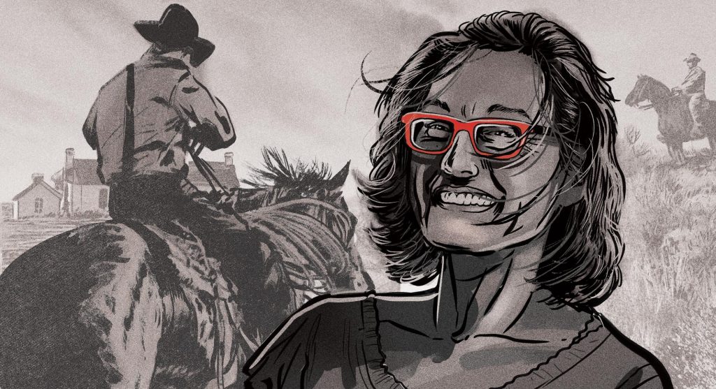 A black-and-white illustration of a smiling woman in red glasses holding a camera with two men on horseback behind her
