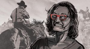 A black-and-white illustration of a smiling woman in red glasses holding a camera with two men on horseback behind her