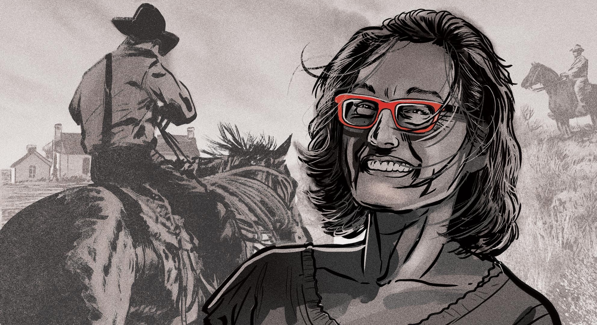 A black-and-white illustration of a smiling woman in red glasses holding a camera with two men on horseback behind her