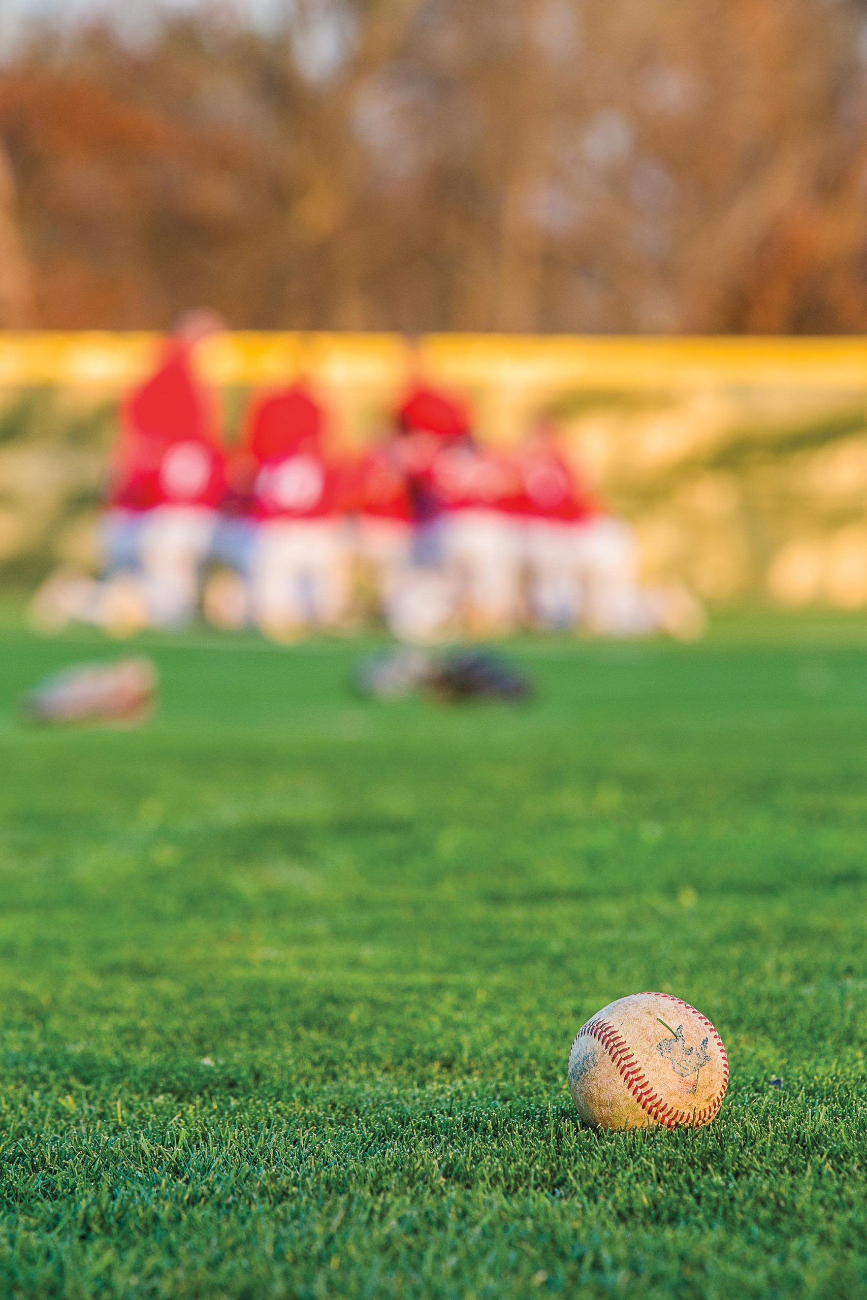 A baseball on a grass field with a team in red jerseys and white pants in the background