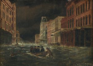 A painting of a nighttime scene with four men in a rowboat being saved by a firefighter during a storm