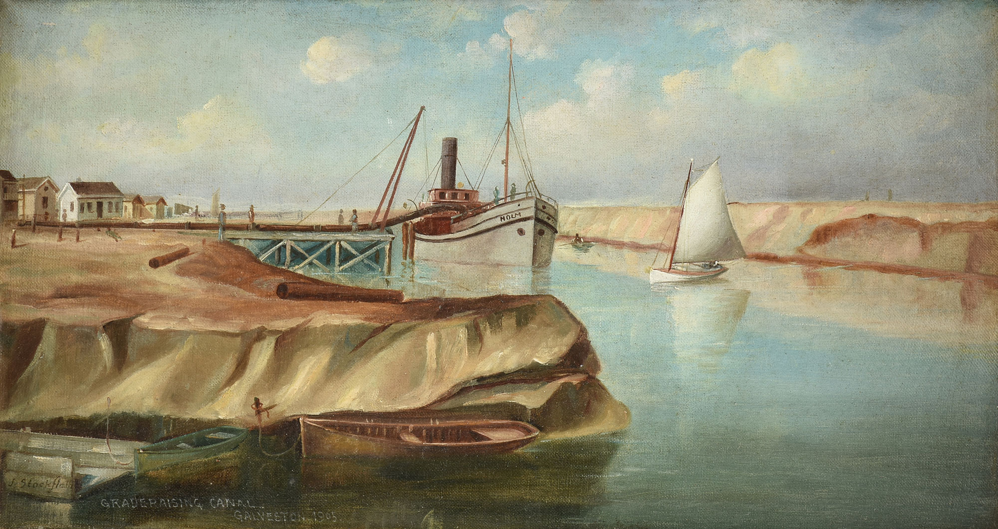 A painting of grade raising in a cal featuring multiple boats of different sizes