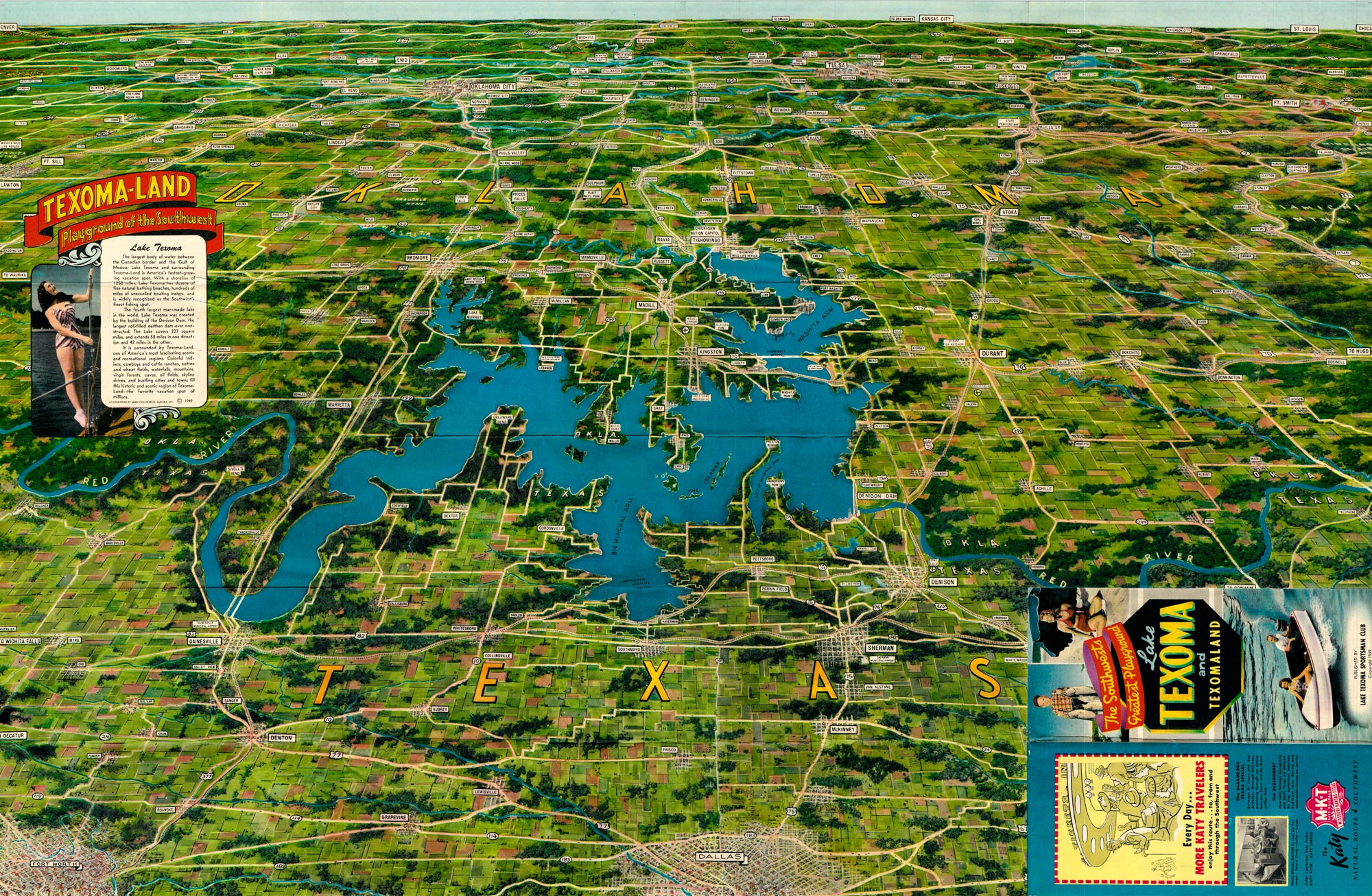 A map of the border of Oklahoma and Texas with  the word Texoma-Land prominently featured