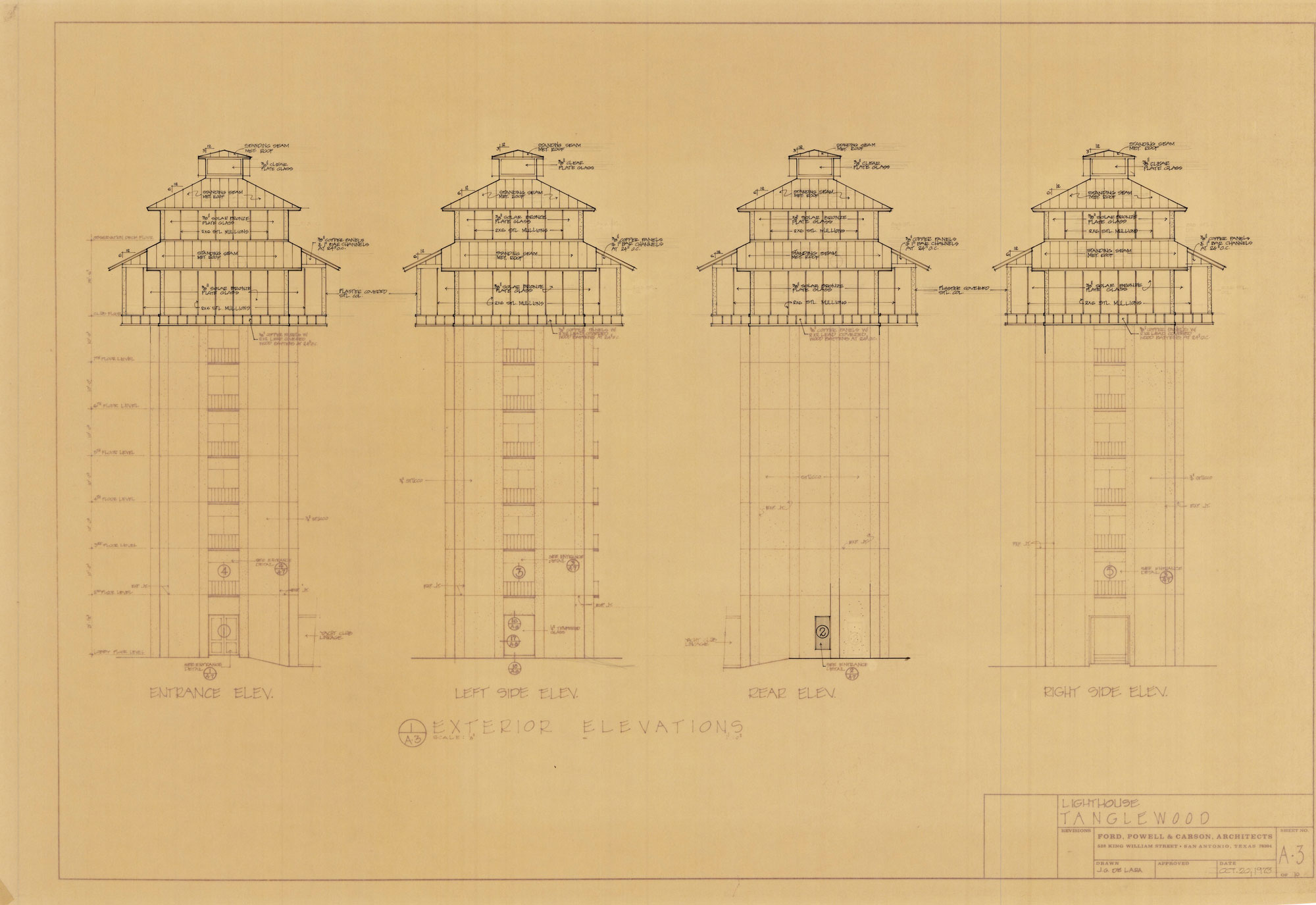 Four sketches of a large tower for a hotel