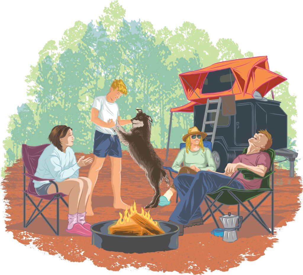 A color illustration of a family sitting around a burning campfire, including four people and a dog standing on its hind legs