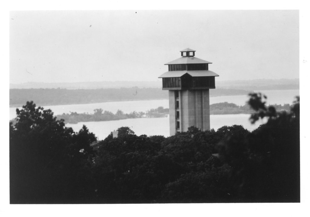 A towner peeking up above the trees with a body of water behind it