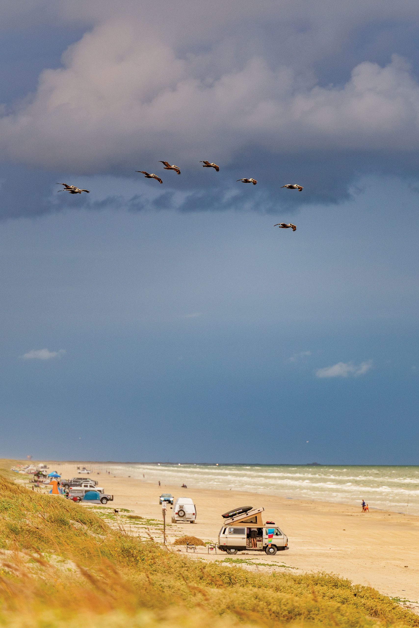 Beachgoers lounge on the beach