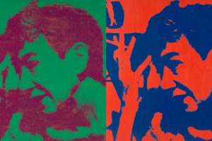 Two duotone silkscreen paintings held by the Menil Collection that portray the same image of Jermayne Macagy holding a cigarette, in green/purple and red/blue color schemes.